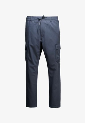 Pantaloni cargo grigio scuro a gamba dritta con vita elastica, coulisse e tasche a patta laterali.