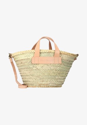Sac en osier tressé de forme arrondie, couleur beige clair, équipé de deux poignées en cuir et d'une bandoulière amovible. Présente un fond plat et un logo.