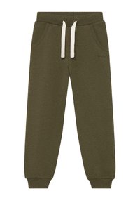 Olivgrüne Jogginghosen mit elastischem Bund, weißem Kordelzug, seitlichen Taschen und Rippbündchen an den Knöcheln.
