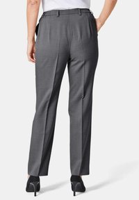 Grau maßgeschneiderte Hose mit geradem Bein, aus leichtem Stoff, mit glatter Textur und subtilem Muster, mit Gürtelschlaufen.