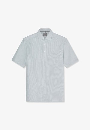 Camicia grigio chiaro a maniche corte con bottoni, motivo a piccoli quadretti discreto, collo classico e tasca singola sul petto.