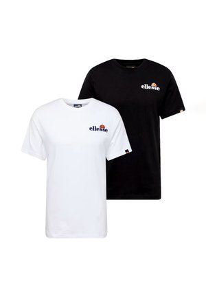 Zwei kurzärmelige Rundhalsausschnitt-T-Shirts, eines weiß und eines schwarz, jeweils mit kleinem „ellesse“-Logo auf Brust und Ärmel.