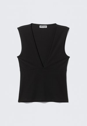 Haut noir sans manches avec un col en V profond et une taille cintrée, posé à plat sur un fond blanc, étiqueté "WEEKDAY" au niveau du col.