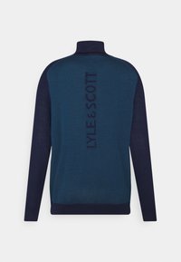 Navy-blue long-sleeve sweater with a high collar, featuring dark blue side panels and the text "LYLE & SCOTT" vertically printed on the back.