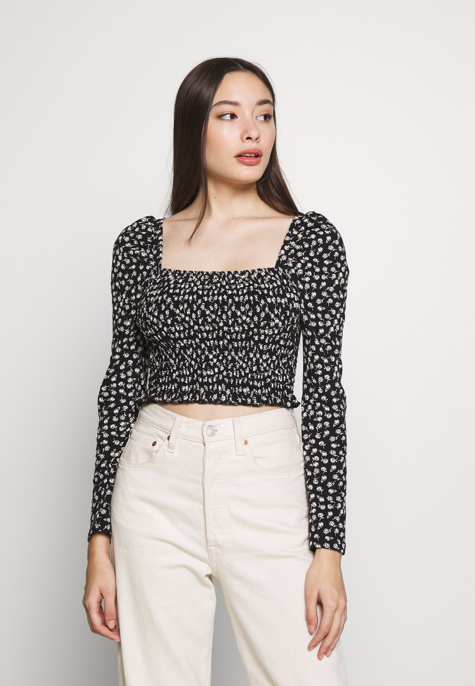 Miss Selfridge Petite SHIRRED DITSY PRINTED Topper Wallis MIDNIGHT ROSE HIGH NECK - Topper langermet - black