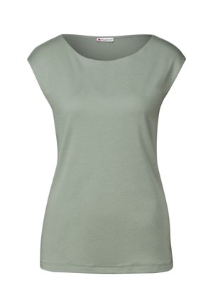 Ærmeløs lysegrøn damebluse med rund halsudskæring, lavet af glat stof, med et "Street One" label indeni.