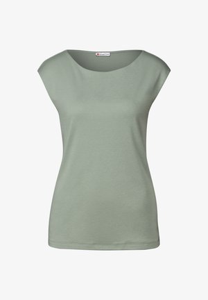 Ærmeløs lysegrøn damebluse med rund halsudskæring, lavet af glat stof, med et "Street One" label indeni.