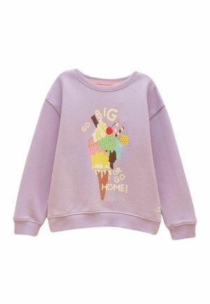 Lavendelfarvet børne-sweatshirt med farverigt isvaffel grafik og tekst "Go Big or Go Home!" på fronten.
