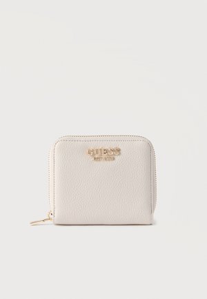 Portafoglio in pelle strutturata color crema con dettagli in oro, caratterizzato da una chiusura lampo e dal logo del marchio impresso sul davanti. Forma quadrata.
