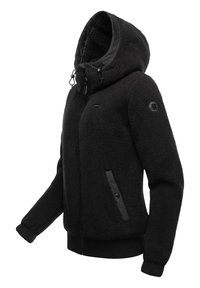 Veste polaire noire avec capuche, dotée d'une fermeture éclair, de deux poches avant avec accents noirs, et de poignets et ourlet côtelés. Texture douce.