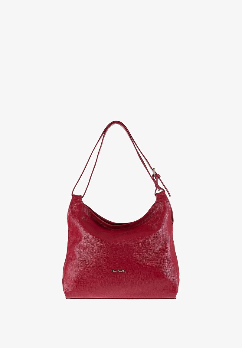 Borsa a tracolla in pelle rossa con superficie testurizzata, forma curva e una sola tracolla. Presenta un discreto dettaglio del logo sulla parte anteriore.