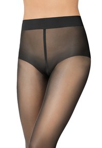 Collant neri trasparenti con una texture liscia e vita alta, caratterizzati da un design senza cuciture e una leggera lucentezza.