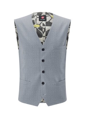 Hellgraue Herrenweste mit strukturiertem Stoff, vier schwarzen Knöpfen, drei Vordertaschen und gemustertem Innenfutter in Schwarz, Weiß und Gelb.