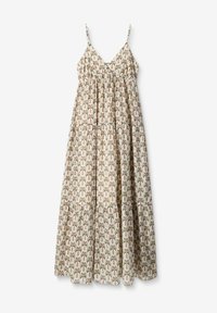 Robe maxi à bretelles fines en tissu léger, avec un motif répétitif de palmiers en vert, rose et beige. Ourlet évasé et corsage froncé.