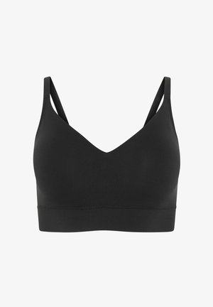 Zwarte naadloze draadloze beha met een V-hals ontwerp, brede schouderbanden en een gladde textuur. Heeft een comfortabele, elastische onderband.