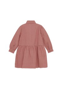 Rosa und beige vertikals gestreiftes Langarmkleid mit geraffter Taille und geknöpften Manschetten, von hinten vor einem weißen Hintergrund gezeigt.