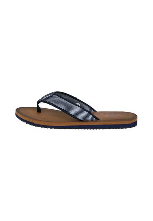 Sandalia chancla para hombre en marrón y azul con tira de tela a rayas y suela acolchada, mostrada de lado sobre fondo blanco.