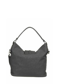 Sac hobo en cuir noir doux, présentant une texture lisse, une structure définie et un accent en forme de nœud rectangulaire à l'avant.