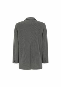 Blazer grigio a quadri con colletto a punta, maniche a tre quarti e dettagli con bottoni sui polsi. Tessuto liscio con una vestibilità su misura.