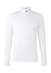 Hvid langærmet pullover med ståkrave, frontlynlås og subtil branding. Lavet af let, glat stof med en tætsiddende design.