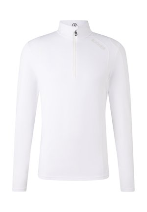 Witte lang-sleeve pullover met een staande kraag, voorrits en subtiele branding. Gemaakt van soepele, lichte stof met een aansluitend ontwerp.