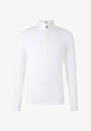 Biała pulower z długim rękawem, z kołnierzem stojącym, z przodu na zamek błyskawiczny i subtelnym logo. Wykonany z gładkiego, lekkiego materiału o dopasowanym kroju.