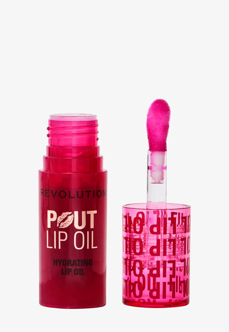 Lyserød leppeolje i en gjennomsiktig tube med preget tekst, med en fluffy applikator. Produktet er merket "Hydrerende Leppeolje."