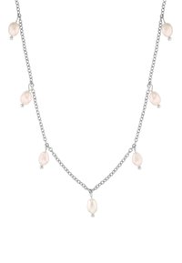 Collana in argento che presenta una serie di otto perle rosa irregolari, ciascuna con un piccolo accento di perla argentata, creando un design delicato.