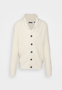 Světlý krémový pletený kardigan s límcem šály, šesti hnědými knoflíky a žebrovanými manžetami. Texturovaná látka s volnějším střihem.