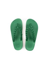 Green flip-flops featuring a braided upper strap, flat sole, and textured footbed. The design is minimalist with a flower emblem on the outsole.