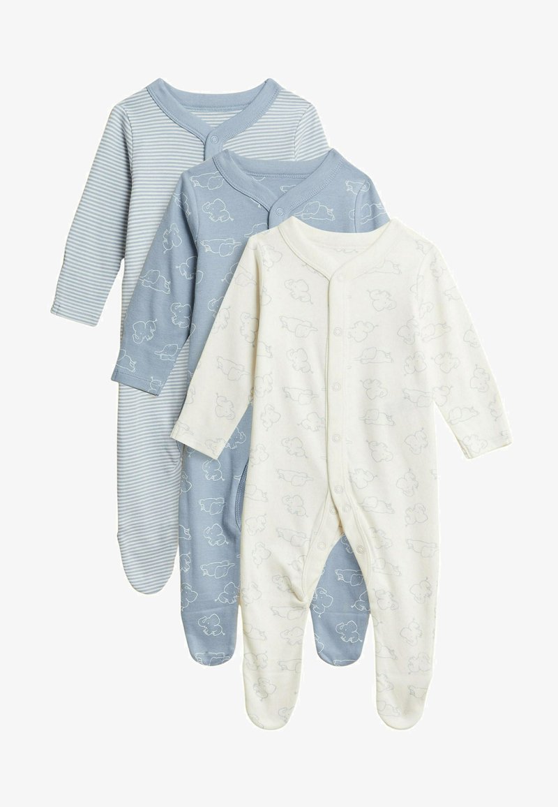 Three baby onesies in light blue and cream. One is striped, two feature elephant patterns. Materials are soft, with snap closures.