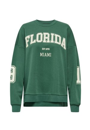 Sudadera verde con texto impreso en blanco "FLORIDA EST. 1845 MIAMI" en el frente y el número "6" en la manga. Diseño casual con puños acanalados.