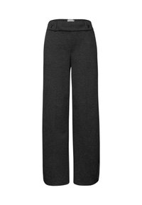 Dunkelgraue, weit geschnittene Hose aus weichem Stoff, mit einem flachen Bund, der zwei Knopfakzente trägt, und einer glatten Textur.