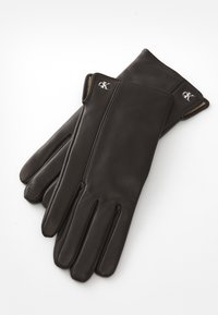 Black leather gloves with a smooth texture, tapered design, and small silver logo detail at the wrist. Features six fingers and a classic silhouette.