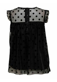 Blusa nera trasparente con pois, maniche a cappuccio arricciate, chiusura a bottoni sul retro e un design fluido con una texture delicata.