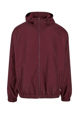 Dunkelroter Reißverschlussjacke mit Kapuze, elastischen Bündchen und Saum, zwei Seitentaschen und dezentem gesticktem Muster auf dem Stoff.