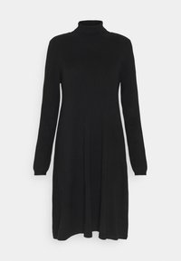 Robe en maille noire à manches longues avec un col montant roulé, ajustée en haut et s'évasant légèrement au bas.