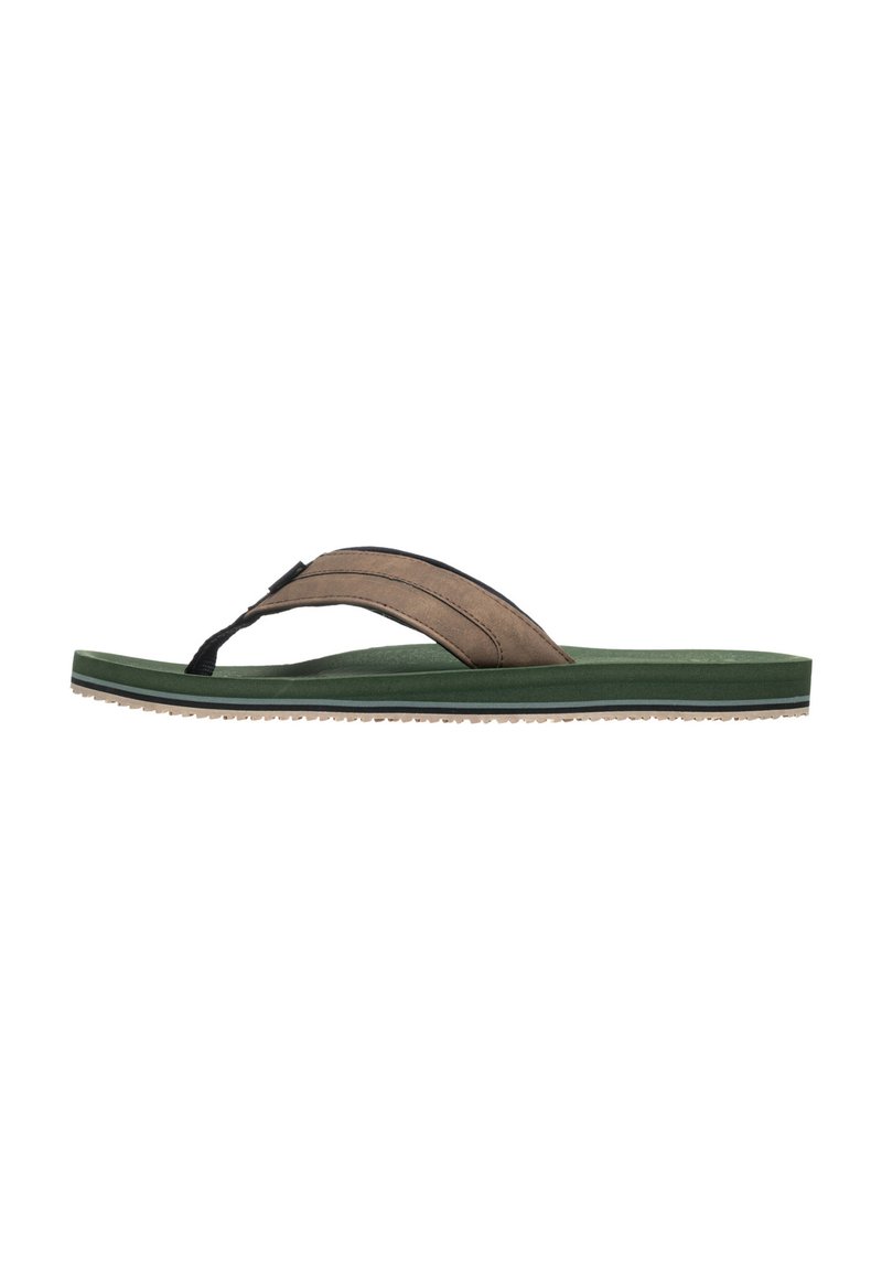 Bruna och svarta flip-flop sandaler med en grön sula. Har en texturerad rem och en slät fotbädd, designade för avslappnad användning.