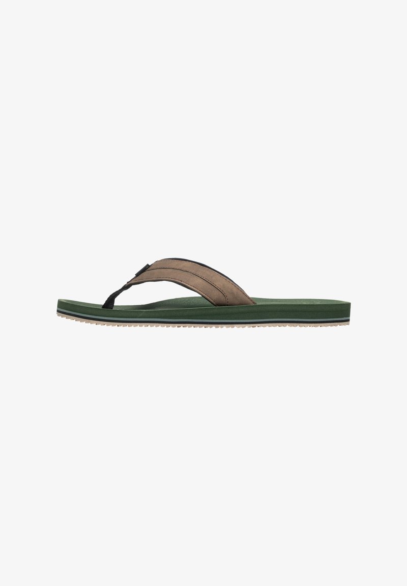 Brązowe i czarne klapki z zieloną podeszwą. Posiadają teksturowany pasek i gładkie wnętrze, zaprojektowane do codziennego noszenia.
