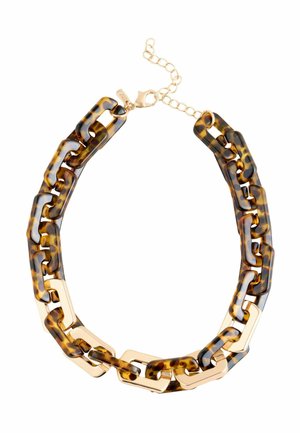Schildpatt-Acrylkette mit goldfarbenen Metallelementen, bestehend aus ineinandergreifenden Gliedern in verschiedenen Formen und Größen. Verstellbarer Verschluss.