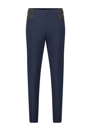 Pantaloni navy con un design aderente, realizzati in materiale liscio. Presentano un elastico nero in vita e cuciture laterali per un aspetto sartoriale.
