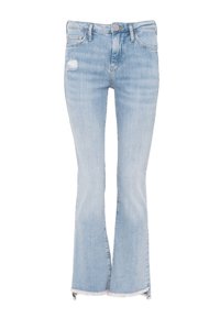 Jeans acampanados de color azul claro con acentos desgastados, cierre de cremallera y dobladillos deshilachados. Hechos de mezclilla con una textura suave y un diseño de corte recto.