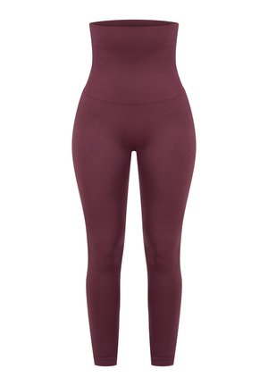 Hochgeschnittene Leggings in einem satten Burgunderrot, hergestellt aus einem glatten, dehnbaren Stoff. Verfügt über ein nahtloses Design und eine enganliegende Silhouette.