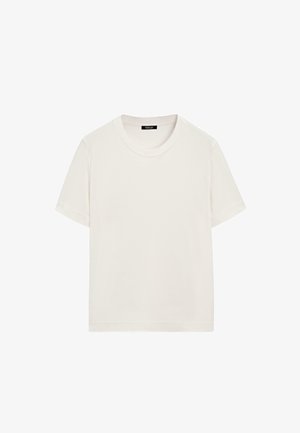 Vit bomulls t-shirt med rund hals, korta ärmar och avslappnad passform. Slät textur utan synliga mönster eller detaljer.