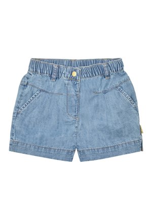 Shorts en denim avec une taille élastique, couleur bleu clair, deux poches avant et coutures contrastées. Coupe courte et droite avec un ourlet replié.