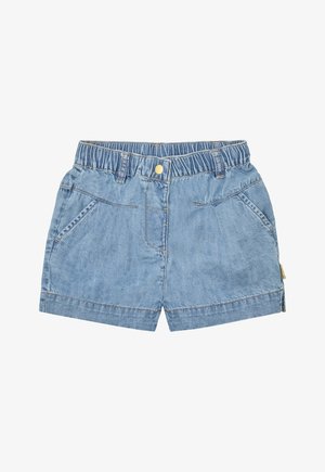 Denim-Shorts mit elastischem Bund, hellblau, zwei Fronttaschen und kontrastierenden Nähten. Kurzer, gerader Schnitt mit umgeschlagenem Saum.