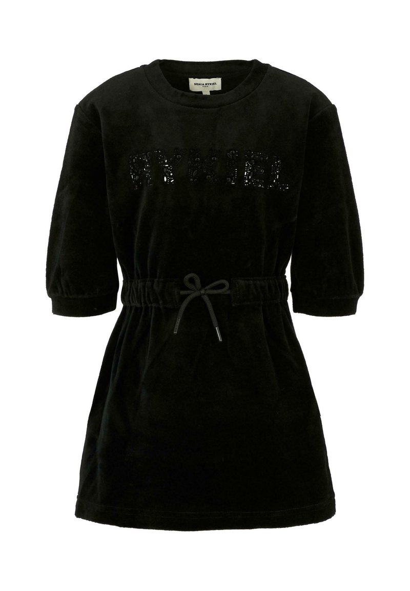 Abito in velluto nero con maniche a sbuffo corte, vita con cintura e dettaglio in paillettes sul davanti. Tessuto morbido e design casual.