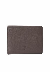 Portefeuille en cuir brun texturé avec coutures visibles et petit logo d'arbre embossé centré sur le devant.