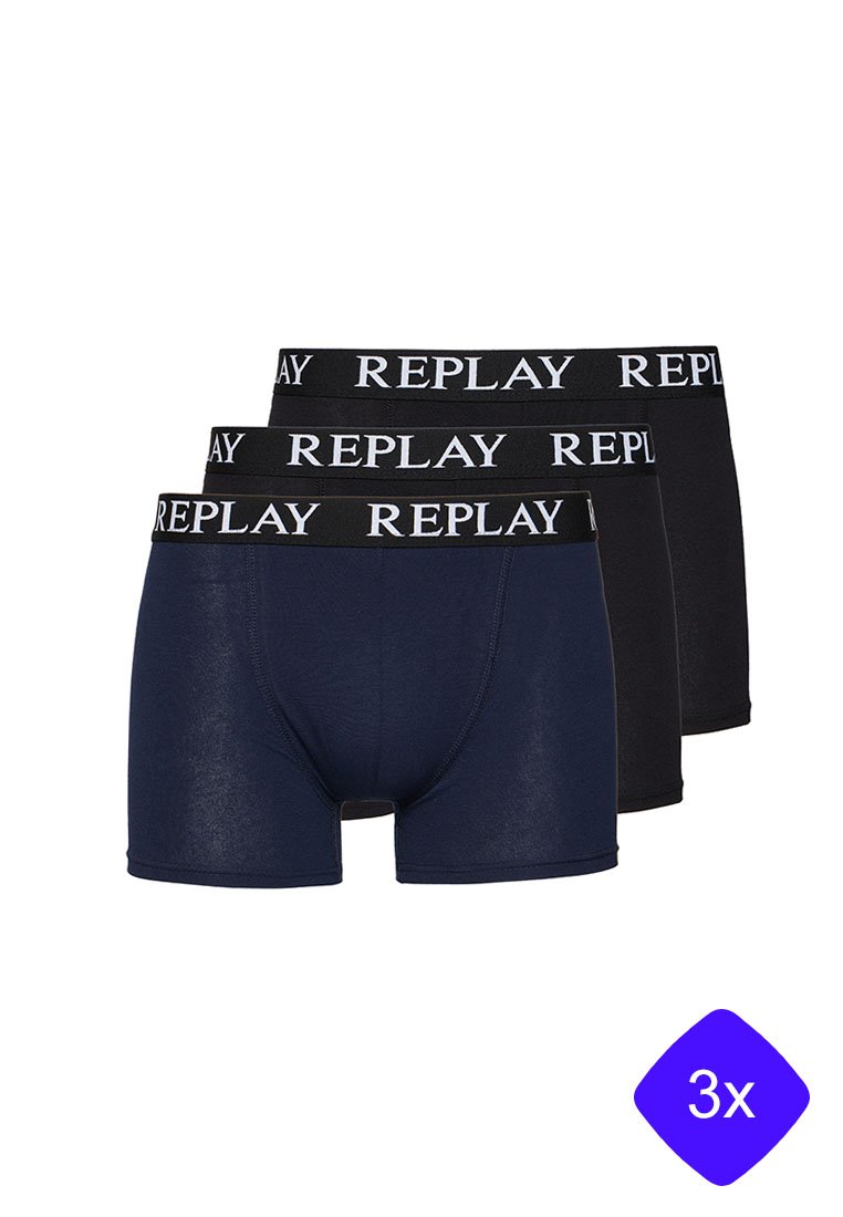 Trois paires de boxers en bleu marine et noir. Tissu doux et extensible avec une large ceinture noire arborant le logo blanc "REPLAY".