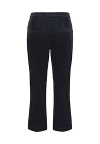 Zwarte corduroy broek met een cropped design, voorzien van een gladde tailleband, achterzakken en een verticale ribbelstructuur.